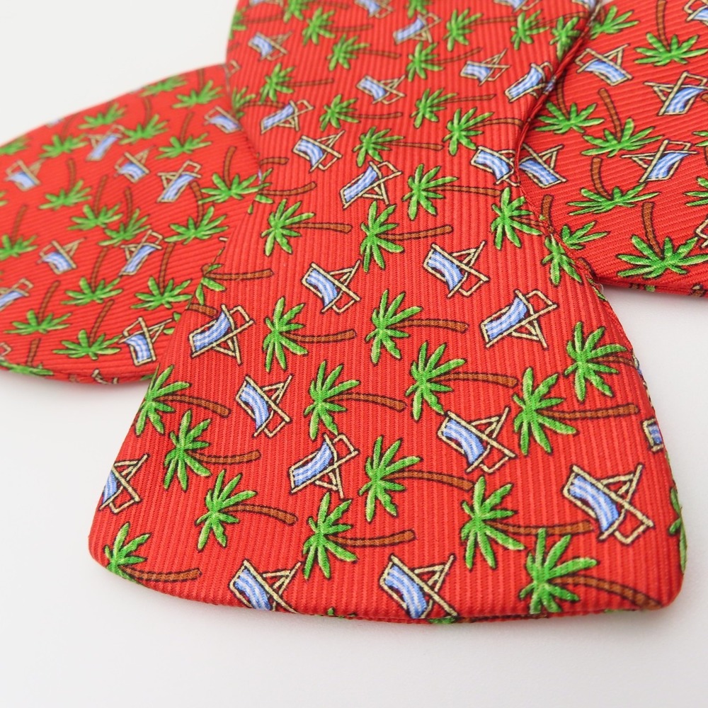 H Stockton Bow Tie Red Green Palm Tree Beach 2.5" Wide Self Tie Silk USA - Picture 2 of 3